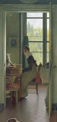 Innenraum eines Speisezimmers, Detail einer Frau, die im Nebenzimmer Klavier spielt, 1816 (Detail)
